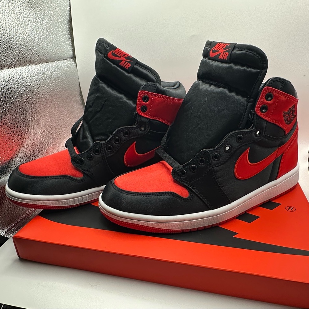 Nike Jordan 1 Retro Hi OG Satin Bred Black and Red High-Top Sneakers